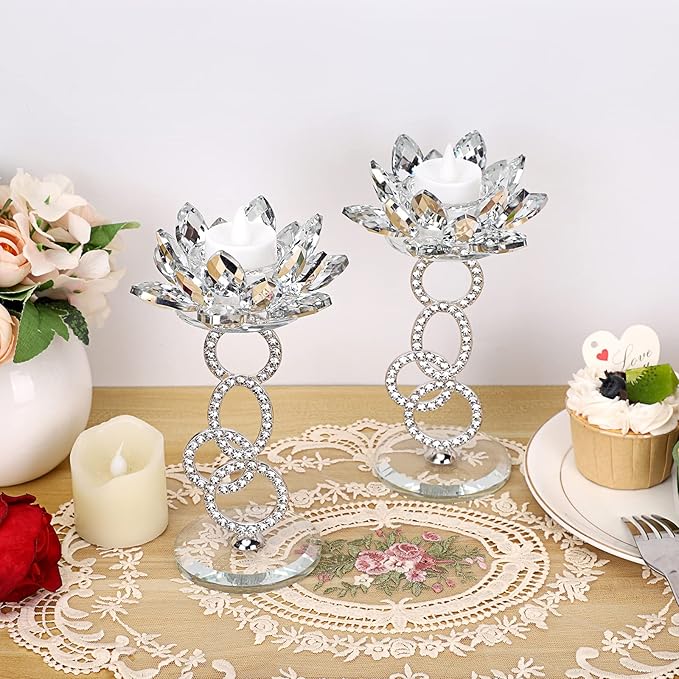 OwnMy Set of 2 Crystal Lotus Flower Candle Holders Metal Glass Lotus Pillar Candlestick Holders, Silver Crystal Lotus Tealight Candlesticks Votive Candle Stands for Wedding Table Centerpiece, 7.5" H