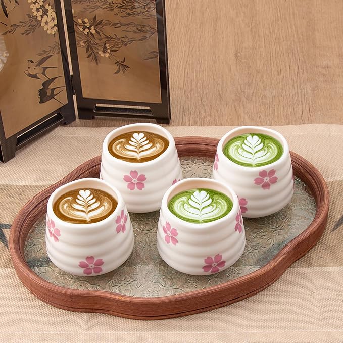 4pcs Japanese Tea Cup Set – 160ml 5.4OZ Ceramic Matcha Cup, Small Handless Espresso Cups, Cute Coffee Mugs for Valentine (Sakura)