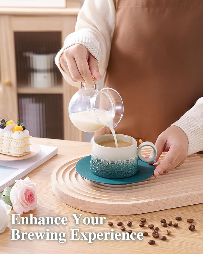 ZENS 7.3 Ounce Cappuccino Mug Set of 2, Artistic Embossed Cappuccino Cups Set with Saucers, Ceramic Coffee Cups for Double Espresso, Au Lait, Latte or Tea, Coffee Lovers Gifts, Dark Green