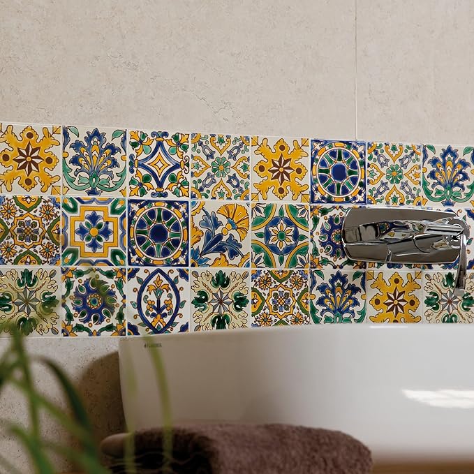 DYARI Set of 9 Decorative Ceramic Tiles – Hand Painted Indoor & Outdoor – Artisan Top Kitchen – Mediterranean Decorative 4x4 / One Tile Durable Colorful (Mediterranean, Sample (1 Tile 4x4))