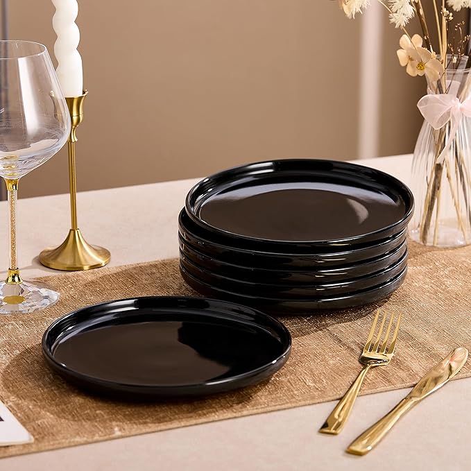 Ceramic Appetizer Plates Set of 6,Black Dessert Plates 8 Inch,Small Dinner Plates,Modern Round Salad Plates,Porcelain Serving Dishes for Pasta,Snack,Bread,Dessert,Sushi Microwave & Dishwasher Safe