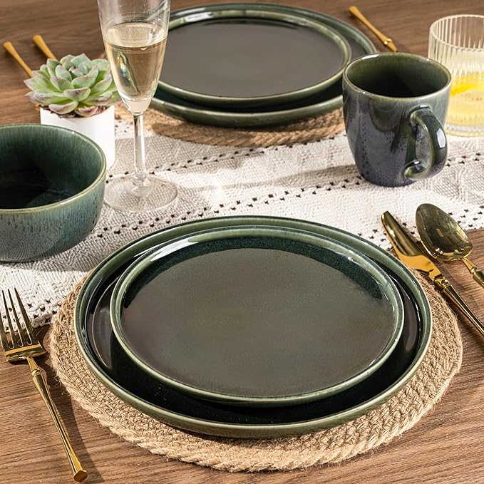 GBHOME Ceramic Dinnerware Sets for 6, 18 Pieces Stoneware Plates and Bowls Sets, Reactive Glaze Dishes -Scratch Resistant, Dishwasher&Microwave Safe, Earth Green
