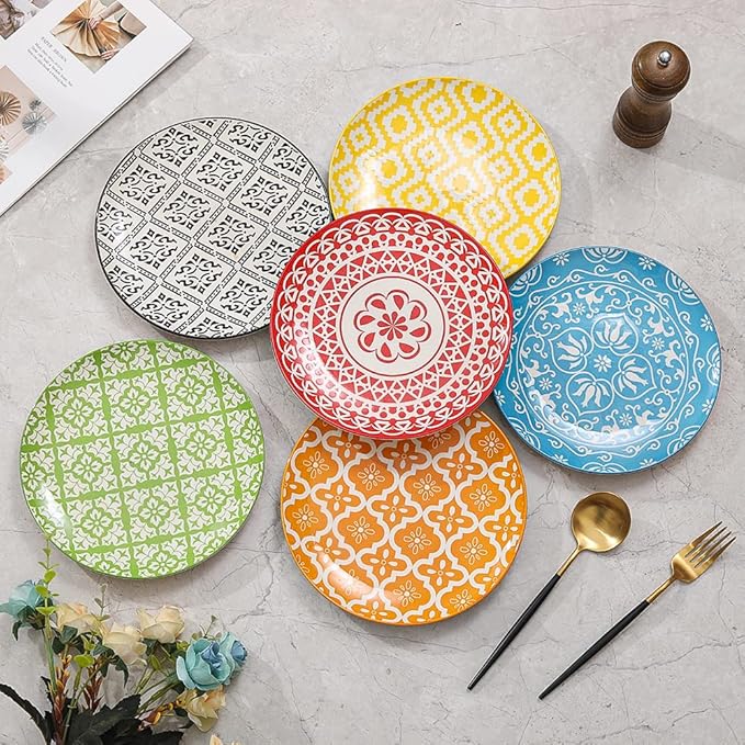 Dessert Plate Set of 6-8 Inch Ceramic Salad and Appetizer Plates - Vibrant Mix-and-Match Colors - Dishwasher and Microwave Safe