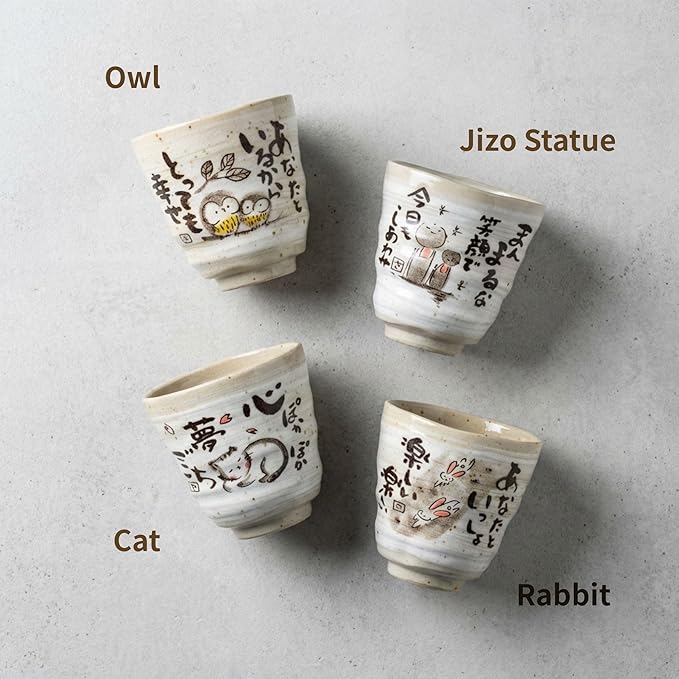 Product of Gifu Japan Mino Yaki(Ware) ceramic Handmade Japanese Tea Cups Sake Green Tea Yunomi Tea cup Mug, Japanese Poem Design(Rabbit, Owl, Cat, Jizo), Gray 6.1 fl oz