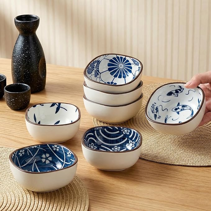 clothmile 6 Pcs Blue and White Sauce Dishes 3.6"×3.6"×1.6" Traditional Chinese Ceramic Side Bowl for Sushi Sauce Snack Pinch Home Kitchen Decor Housewarming Gift