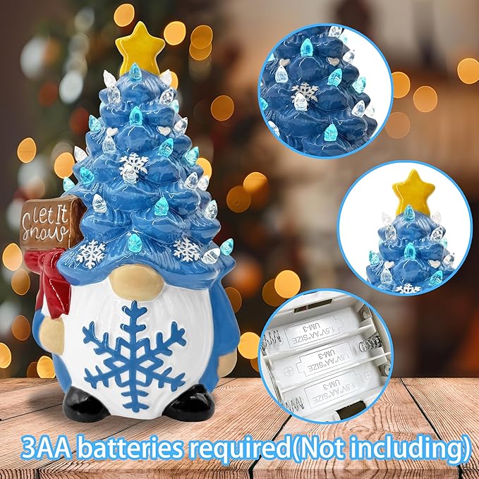 Winter Gnomes Ceramic Tree Decor, Blue Winter Decorations for Home Ceramic Tree with Light Up, Christmas Blue Gnome Lighted Figurines for Table Centerpieces Home Decor Indoor Outdoor Party