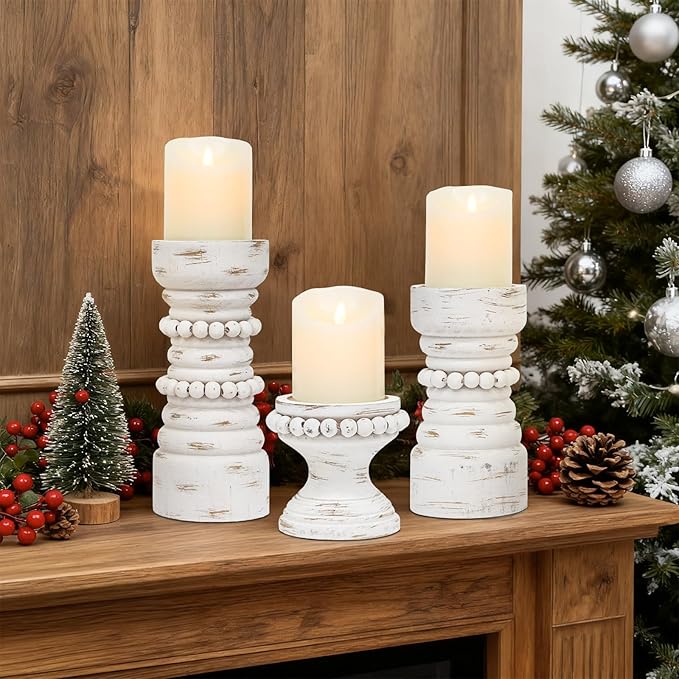 MODE HOME Rustic White Wood Candle Holders Set of 3, Farmhouse Beaded Wood Pillar Candle Holder, Candle Holders for Pillar Candles & Candlesticks, Candle Sticks Holder Decor for Table Centerpiece