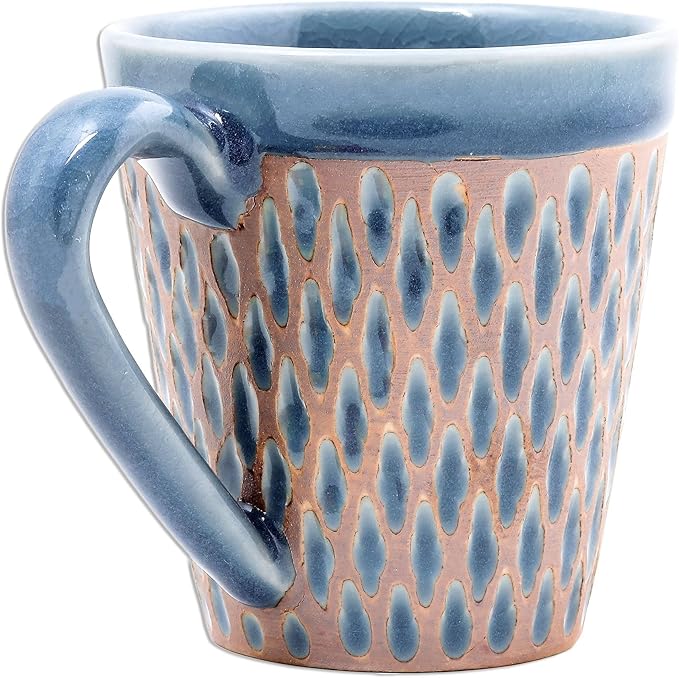 NOVICA Artisan Handcrafted Celadon Ceramic Mug Blue Incised Brown Thailand Tableware Dinnerware Mugs Cups [cups 3.9in H x 5.25in W x 3.7in D 10 Oz.] ' Ginger Blue Honeycomb'
