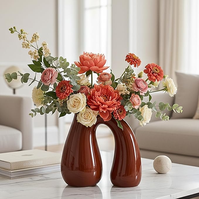 Brown Ceramic Decorative Pitcher Vase, 7.5 in – Glossy Sculptural Arch-Handle, Warm Earth-Tone Home Décor for Fresh or Dried Floral Arrangements, Table/Shelf/Entryway, Giftable