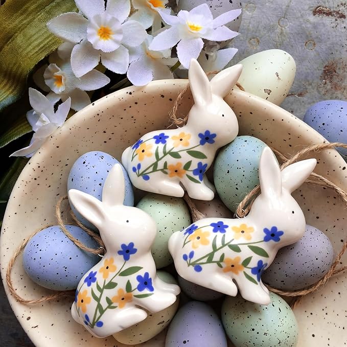 3 Pcs Ceramic Easter Bunny Decorations Spring Rabbits Hanging Ornaments Chinoiserie Blue and White Floral Bunny Figurines Centerpieces for Table Easter Tree Home Indoor Decor