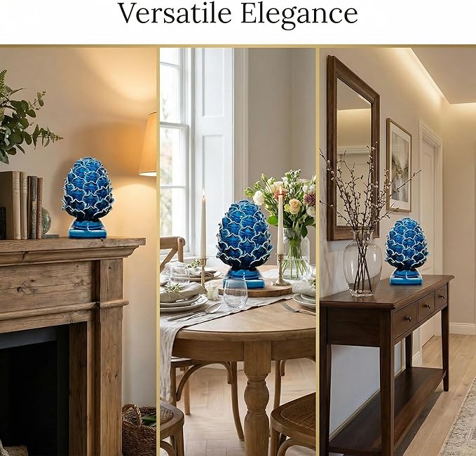 Blue Ceramic Artichoke Statue - Unique Artisanal Decorative Sculpture, Decor for Living Room, Office, Bookshelf