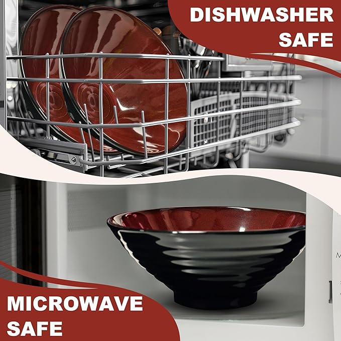 8-Inch 4 Sets Ceramic Ramen Bowl (16 Piece) - Japanese Porcelain Dishwasher Microwave Safe Salad Noodles Cereal Pasta Soup Large Bowls with Chopsticks Forks Spoons for Men Women Housewarming Gift