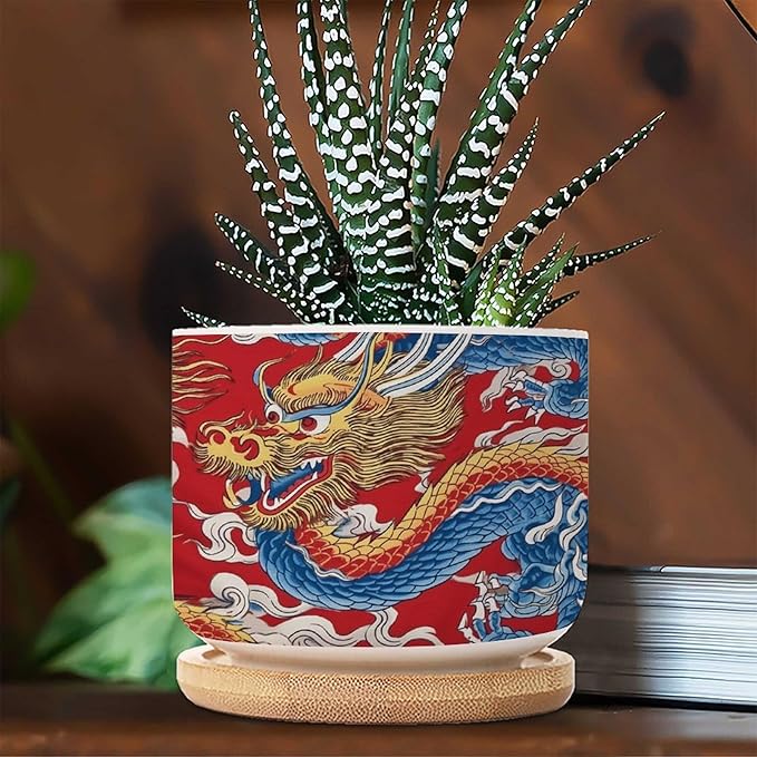 3 Piece Red and Auqa Dragon Small Succulents Plant Pot Oriental Chinoiserie Houseplant Pot for Cactus with Drainage Holes Chinoiserie Dragon Ceramics Planters for Indoor Plants