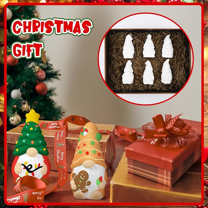 Eersida 6 Sets Gnome Ceramics to Paint Pumpkin Ready to Paint Your Own Ceramic Gnome Statues DIY Unpainted Ceramics Paintable Figurines Kit Crafts with Brush Palette(Christmas)