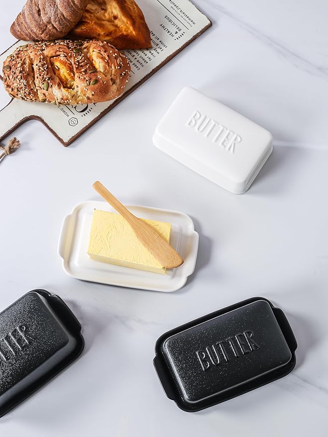 Porcelain Covered Butter Dish with Lid for Countertop Butter Holder Container for One Stick of Butter. Textured Tray Butter Keeper for Non Slip Storage-White Small