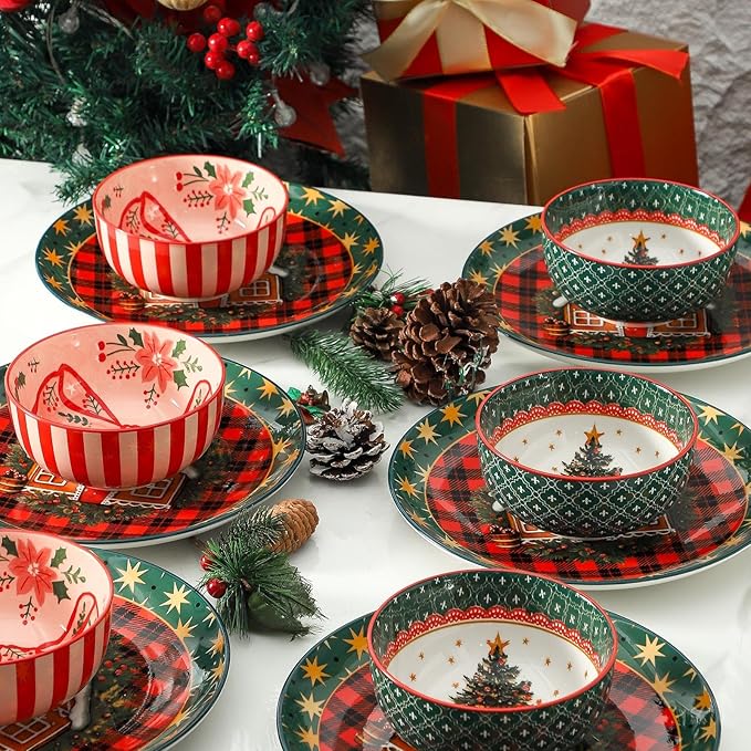 Ceramic Dinner Plates Set of 6,Stoneware 10 Inch,Microwave,Dishwasher and Oven Safe,Porcelain Dessert Plates for Steak,Dishes Set,Valentine's Day and New Year Gift,Christmas