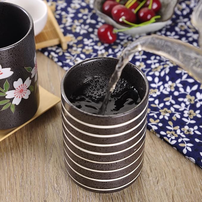 WHJY 10oz Transitional Chinese/Japanese style Handle-less Ceramic Tea cups teacup, Cherry Bloom & Line Pattern Set of 2