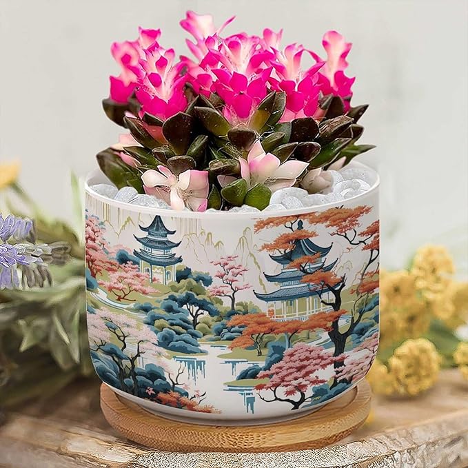 2 Piece Blue Asia Tiered Tower Coral Pink Flower Small Flowers Pots Oriental Chinoiserie Succulent Planters with Drainage Holes Chinoiserie Garden Scenery Planters Ceramic