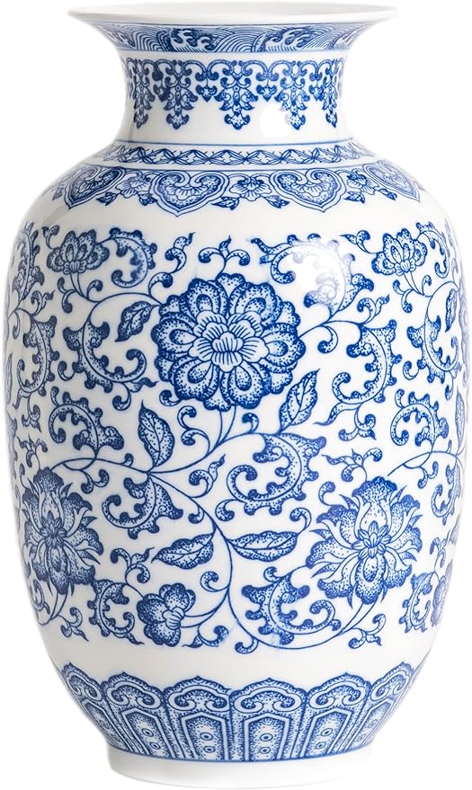 Blue and White Vase, Chinoiserie Porcelain for Living Room Shelf, Entryway Decor & Blue and White Home Centerpiece, Blue Vases Home Décor,11" H