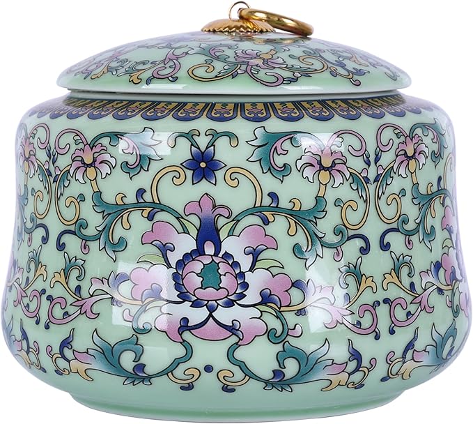 Handmade Chinoiserie Enamel Ginger Jar with Lid,Decorative Storage Jar for Loose Tea,Nuts & Snacks,Ceramic Vase Style Home Decor Canister,Colorful Jar for Kitchen,Living Room (Green Jar)