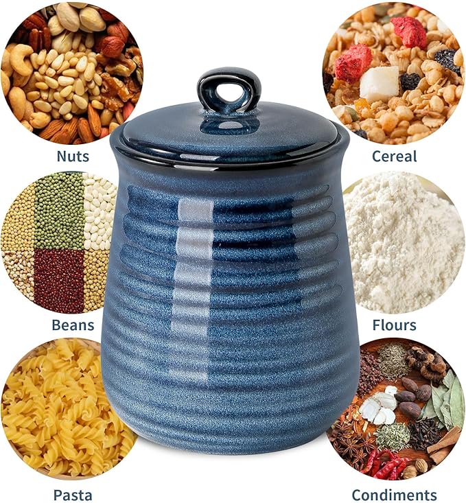 HASENSE Kitchen Canisters Set with Airtight Lid for Countertop, 25 Ounce Ceramic Vintage Food Storage Jars Containers Set of 3 with Cover for Coffee, Sugar, Tea, Spice, Candy and Nut, Navy