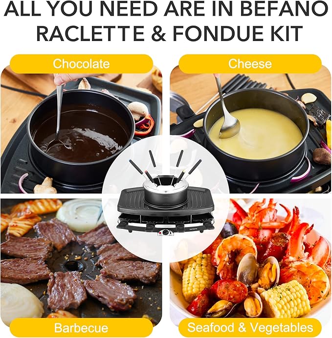 Electric Raclette BBQ Grill with Fondue Pot Sets, Portable Korean Table Grill Electric Indoor Cheese Raclette, Dual Adjustable Thermostats, 8 People Serve Perfect for Parties and Family Fun
