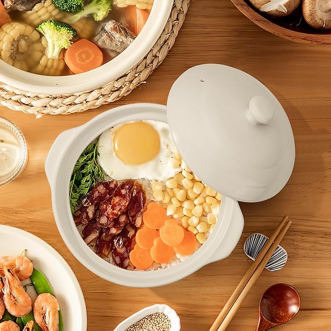 Korean Dolsot Pot Set, Bowl with Lid, for Cooking Bibimbap, Kimchi, Hot Pot, Soups and Stews, Oven and Dishwasher Safe, 1.9 Quart, White