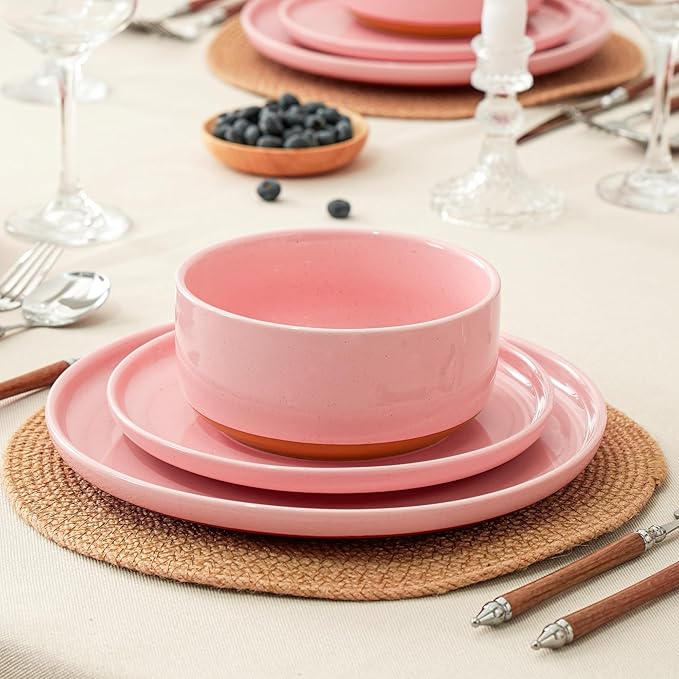 12 Piece Dinnerware Set, Dual Glaze Stoneware Plates and Bowls Sets, Modern Dinner Plate, Salad Plate, Cereal Bowl, Dish Set for 4, Microwave and Dishwasher Safe, Pink