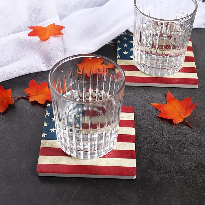 wonlex Ceramic Coasters Absorbent for Drinks, Patriotic Coaster with Cork Base for Coffee Table, Housewarming Gift for Women and Men, Home Decor, 4 Pack (USA Flag)