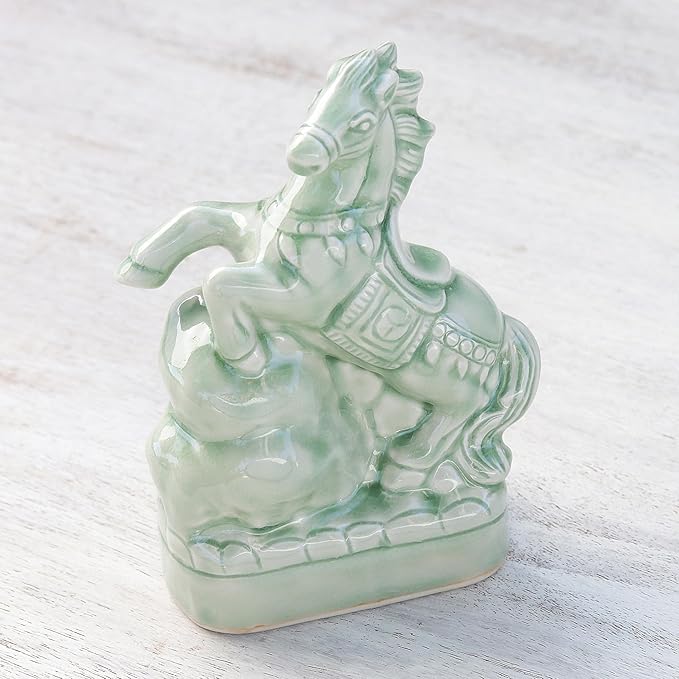 NOVICA Artisan Handcrafted Celadon Ceramic Sculpture Horse in Thailand Green Animal Themed East Meets West Cultural [6.5in H x 4.9in W x 2.8in D] ' Lucky Horse'