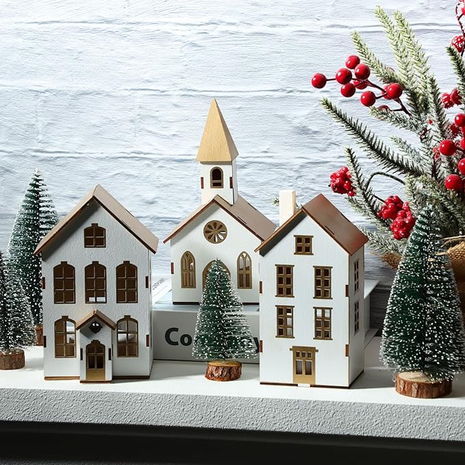 7 Pcs Christmas Village Figurines Sets - 3 LED Lighted Houses with Remote Control & 4 Trees - Christmas Decorations Indoor - Xmas Holiday Farmhouse Rustic Decor for Table Room