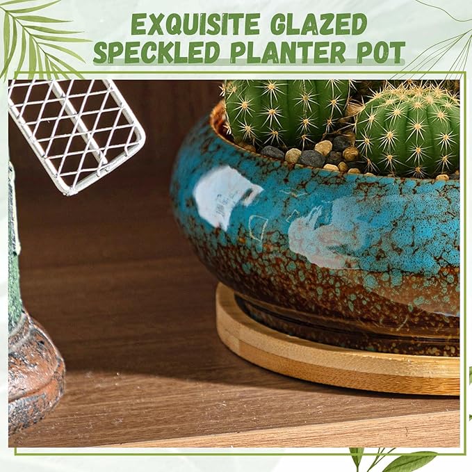 2 Pack 7.3 Inch Round Large Shallow Succulent Ceramic Planter Pots with Drainage Hole Drip Glazed Shallow Bonsai Pot with Bamboo Tray for Indoor Outdoor Plants Decor Cactus Flower