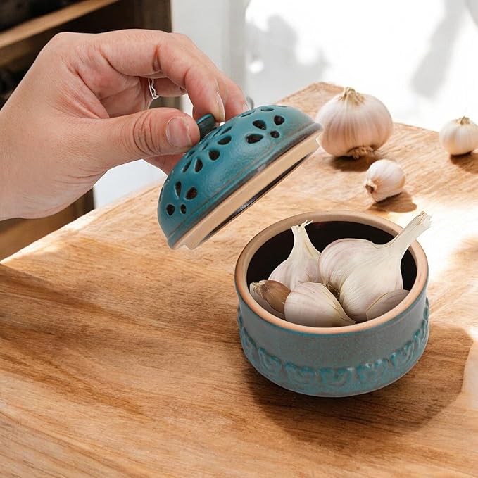 Peacock Blue Garlic Keeper for Counter Small, Ceramic Storage Jar & Garlic Holder for Friends Who Like Cooking, Garlic Container Saver for Kitchen, Keep Your Garlic Cloves Fresh Longer, 3-Inch
