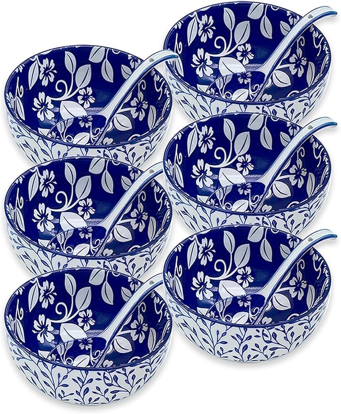 Japanese Ceramic Bowls Set of 6, 28 Oz Large Asian Porcelain Ramen Soup Salad Cereal Noodle Bowl with 6 Spoons, Deep Bowl for Kitchen Decor and Housewarming Gift, Dishwasher & Microwave Safe