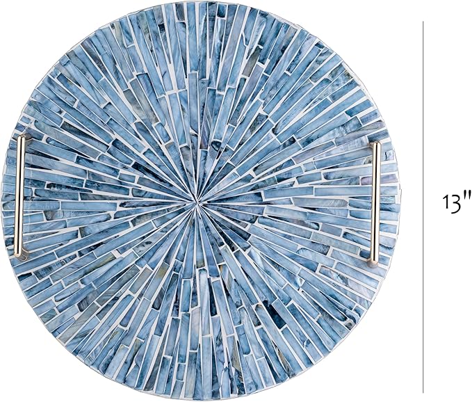 PEMAR Mother of Pearl Decorative Tray, 13" Round Versatile Display and Serving Tray with Gold Handles, Vanity/Perfume/Trinket Catchall for Dresser, Bathroom, Vanity Table (Blue Starburst)