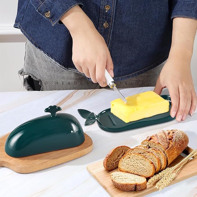 Porcelain Butter Dish for Countertop, Cute Whale Design, Ceramic Butter Dish with Handle, Funny Butter Storage Container, Ideal Gifts for Housewarming, Green