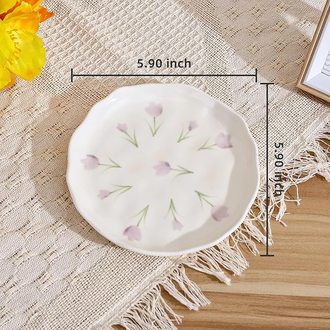 Koythin Ceramic Dessert Plates, Cute Fruits Dinner Plate, Creative Plates Design, Printed Flowers Dinnerware for Office and Home, Kitchen Plates for Desserts (Purple Tulip)