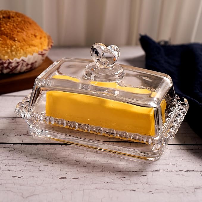 Glass Butter Dish with Heart Lid, Clear Glass Covered Butter Stick Holder Tray, Crystal Butter Storage Container for Fridge Countertop