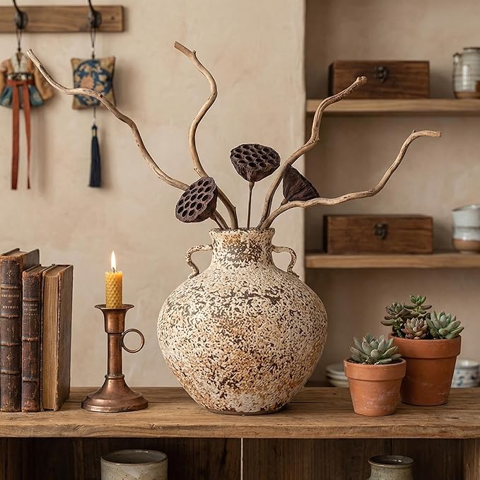 Ceramic Rustic Farmhouse Vase,Extra Large Terra Cotta Vase, Huge Pottery Decorative Flower Vases for Living Room Entryway Table Centerpiece Decor(11.8'' X 11.8'' x 11.8'')