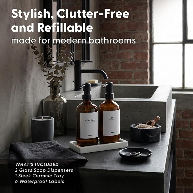 MaisoNovo Soap and Lotion Dispenser Set - Bathroom Soap Dispenser Set with Amber Glass Soap Dispenser, Black Pumps & Ceramic Tray