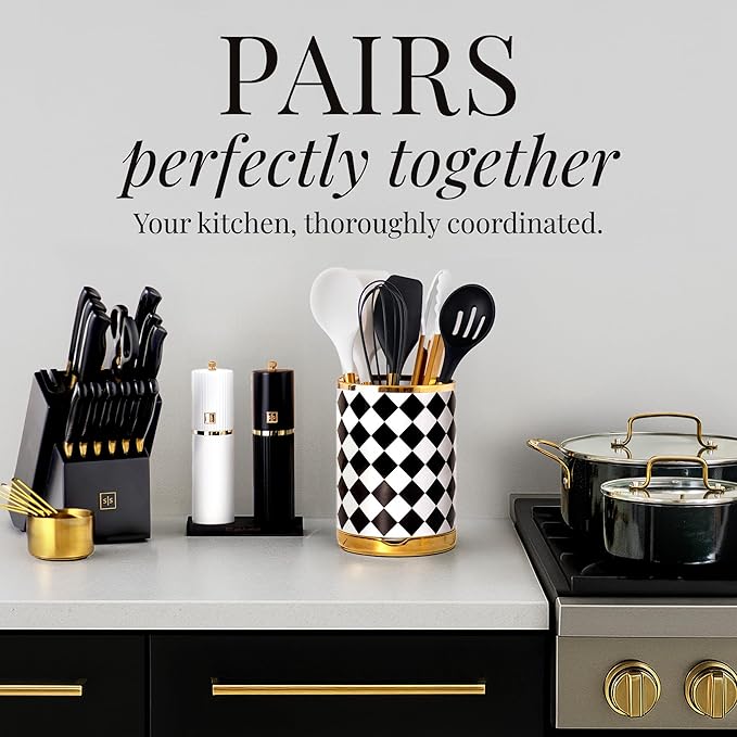 STYLED SETTINGS Black & White Checkered Utensil Holder Set – Large Ceramic Kitchen Utensil Holder for Countertop with Gold Spoon Rest – Stylish Checkered Kitchen Decor & Organizer