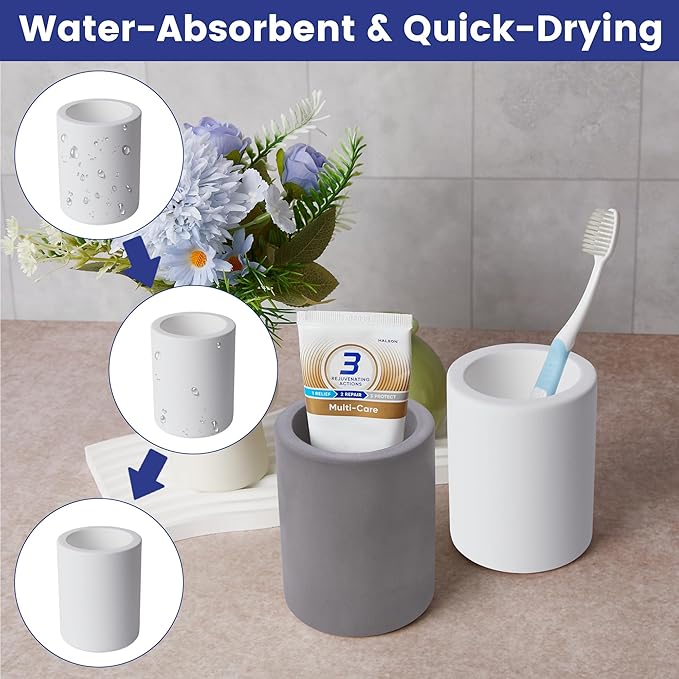 Drying Stone Toothbrush Holder, Diatomite Toothbrush Holders for Bathroom Counter, Quick Drying Electric Toothbrush and Toothpaste Holder Bathroom Organizer, White