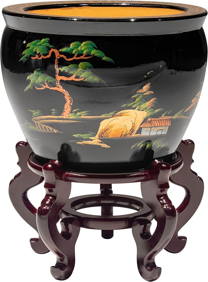 Red Lantern 16" Black Lacquer Fishbowl - Landscape