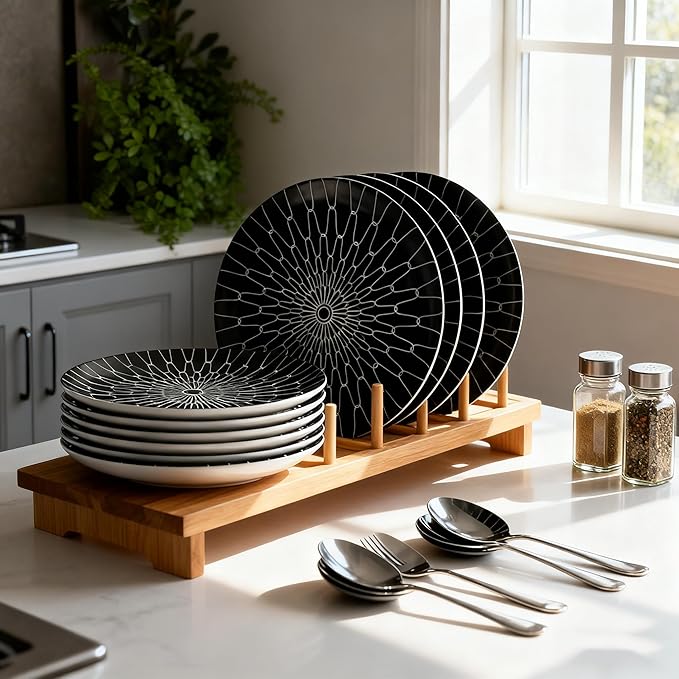 6-Inch Appetizer Plates Set of 6, Black and White Grid Ceramic Plates, Modern Checkerboard Appetizer/Dessert Plates, Microwave & Dishwasher Safe