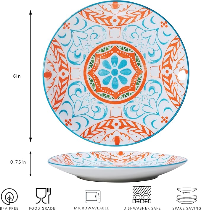 LEHAHA Ceramic 6 inch Appetizer Plates, Set of 6, Porcelain Salad and Dessert Kitchen Plate Set, Small Lunch Serving salad Plates for Cake Snacks Side Dish. Microwave and Dishwasher Safe