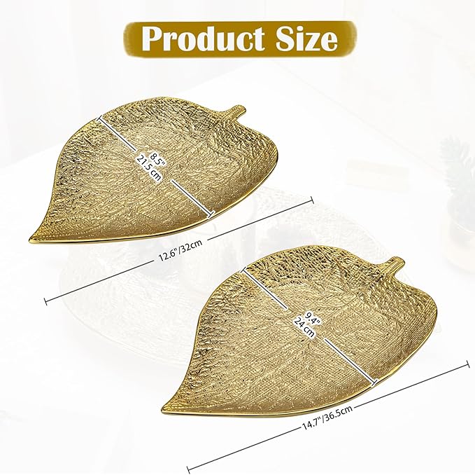 Oversized Leaf-Shaped Ceramic Jewelry Tray Set of 2, Extra Large Decorative Tray Gold Vanity Trays for Rings, Necklaces, Keys, Gifts for Mom, Coffee Table Decor, Entryway Table Trays