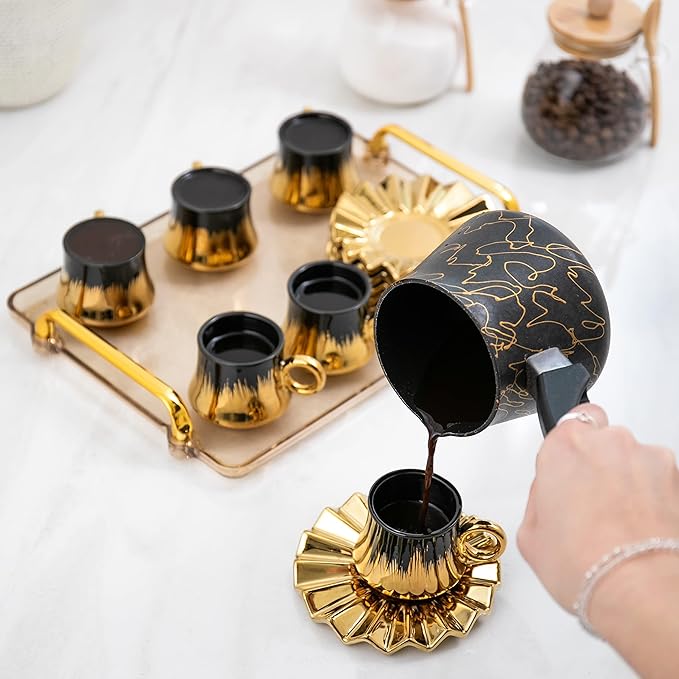 Turkish Coffee Cup Set of 6 with Saucers & Tray - Luxury Arabic Greek Japanese Marble Ceramic Tea Cups for Espresso Cappuccino Latte Mocha, Ideal Gift - 6.7oz, Black Gold