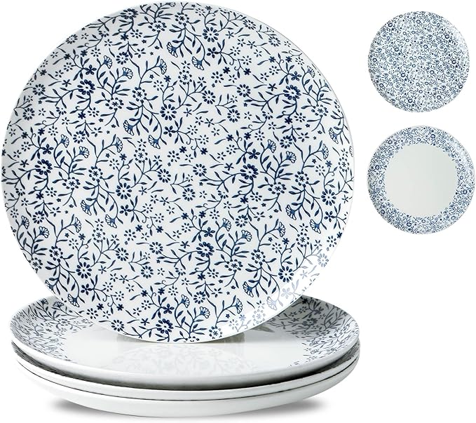 Ceramic Dinner Plates 10 Inch, Vintage Dessert Plates Set of 4, Floral Salad plates for Food, Blue and White Dishes, Round Plates for Kitchen, Oven & Microwave Safe
