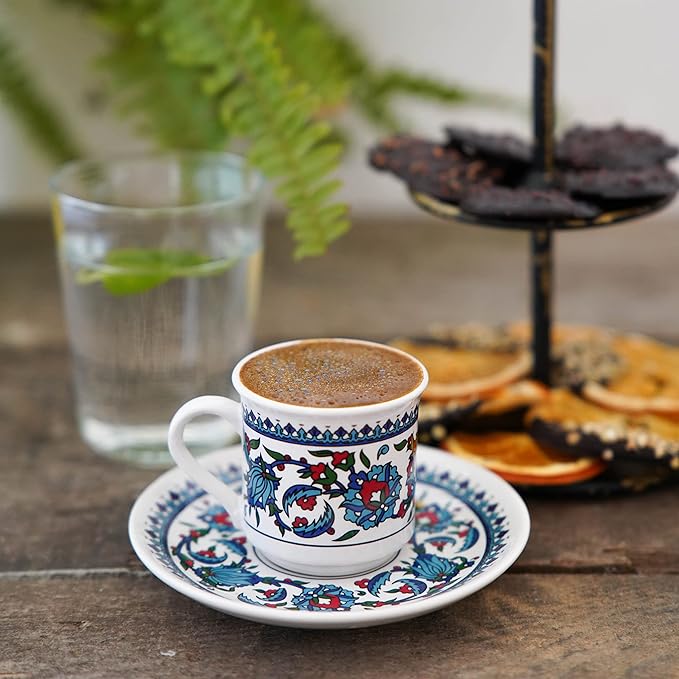Turkish Coffee Cup Set of 6 with Saucers & Holder – Ceramic, Dishwasher-Safe, Keeps Warm – Patterned Turkish Espresso Cups Set for Home & Office (Set Of 6)