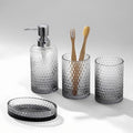 Bathroom Accessories Set, 4Pcs Clear Glass Bathroom Set, Hand Soap Dispenser, Toothbrush Holders, Tumbler, Bar Soap Dish for Modern Bath Decor Organizers and Storage Countertop Sink (Grey)